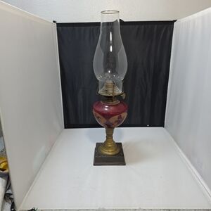 Antique Victorian Cranberry Glass Oil Lamp Hand Painted Parlor Kerosene Lamp